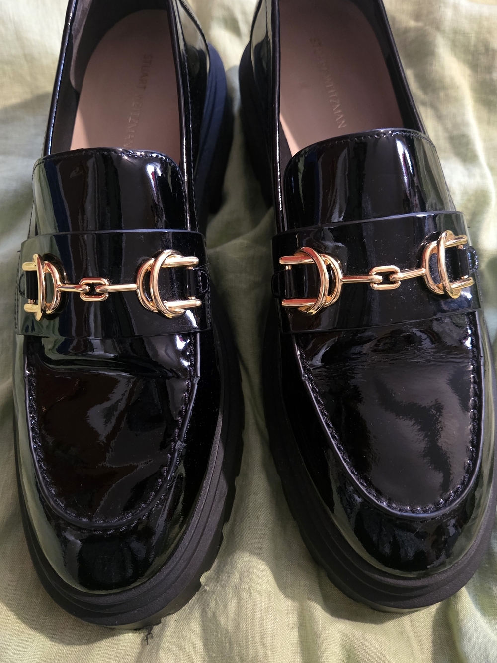 Stuart Weitzman Women's Black Patent Loafers with Gold Bit Detail